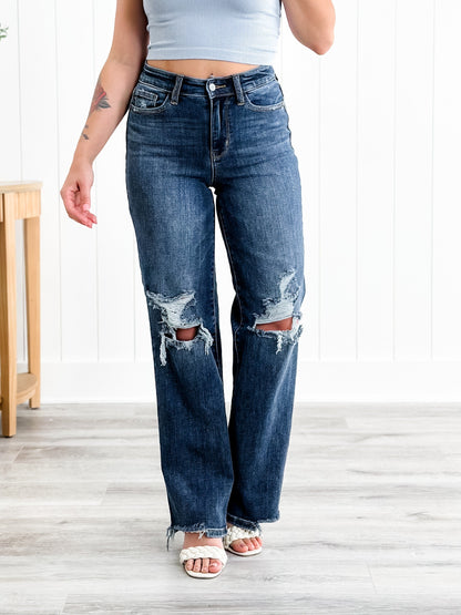 Judy Blue Jagged Little Pill High Rise Dark Wash 90's Destroyed Knee Straight Leg Jeans