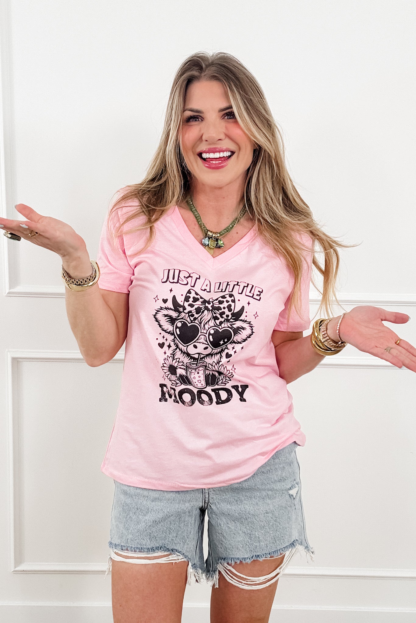 Plus/Reg Short Sleeve V Neck "Just A Little Moody" Graphic Tee