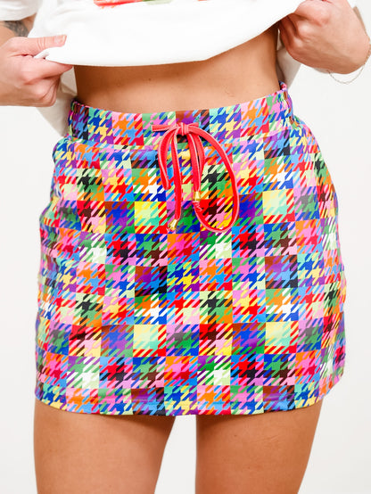 Plus/Reg Multi Color Houndstooth Print Elastic Waist Skort