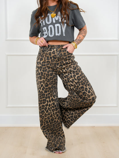 Saige High Rise Leopard Tummy Control Elastic Waist Band Wide Leg Jeans