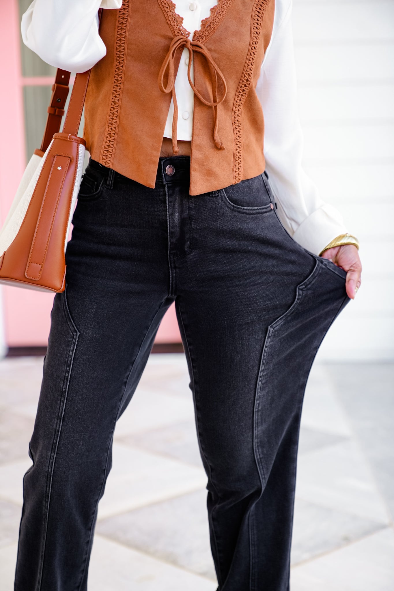 Judy Blue Mid Rise Black Straight Leg Jeans with Western Style Seam
