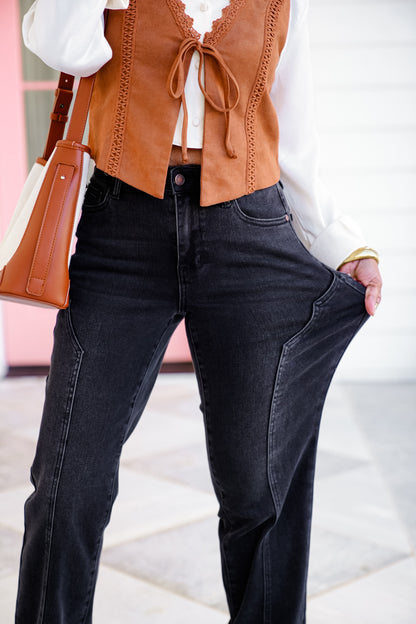 Judy Blue Mid Rise Black Straight Leg Jeans with Western Style Seam