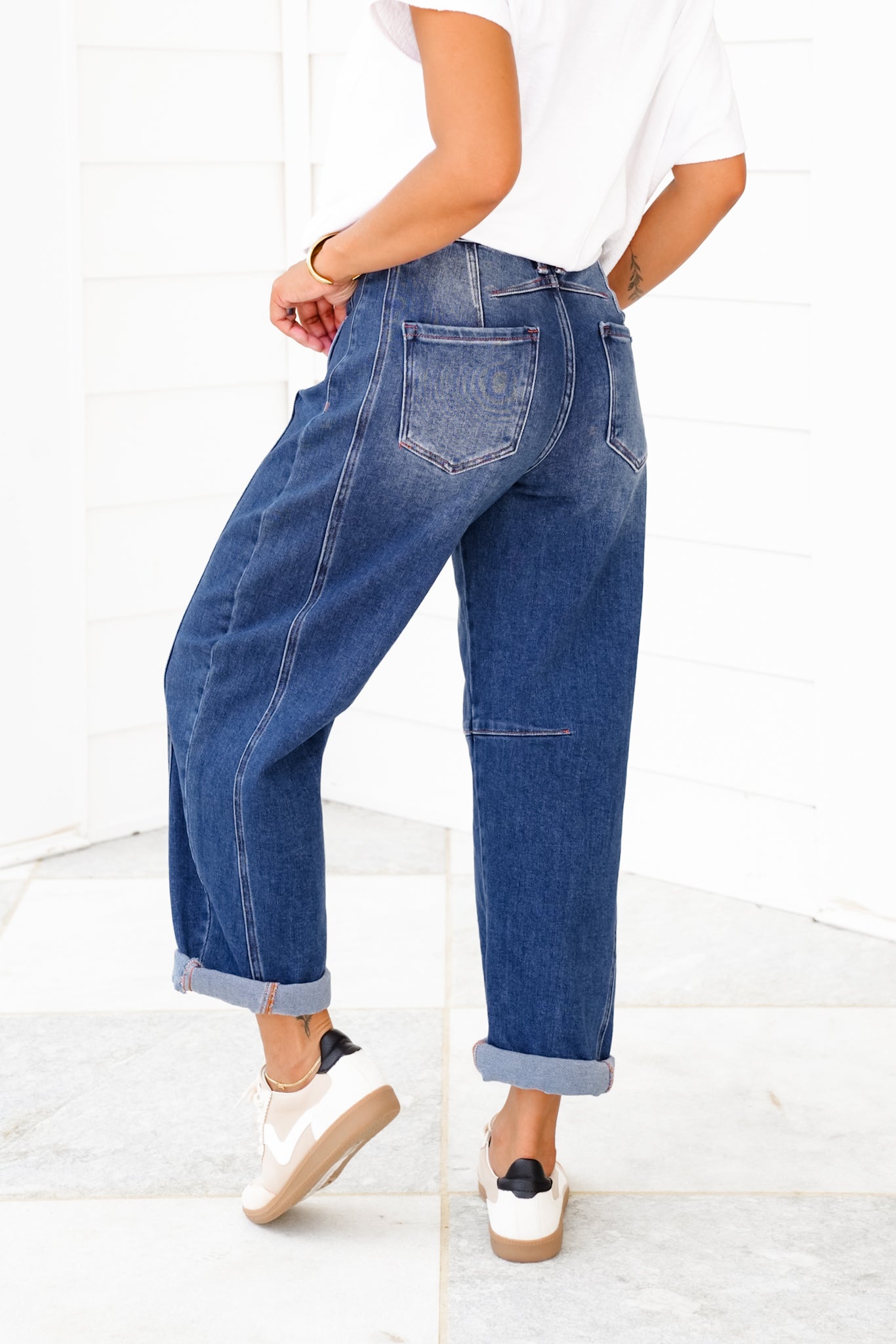 Risen High Rise Dark Wash Boyfriend Cuffed Barrel Jeans