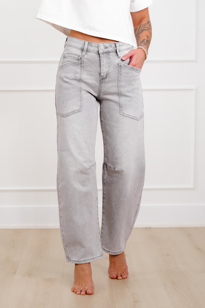 Risen The Stormi High Rise Grey Barrel Jeans with Patch Pockets