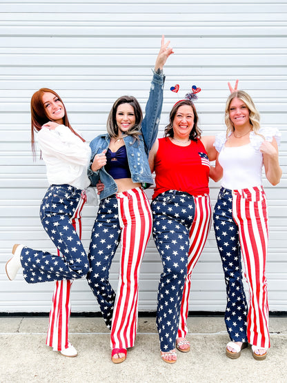 Judy Blue High Rise Stars and Stripes Print Raw Hem Flare Jeans