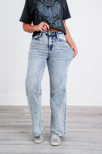 Judy Blue  Bad Blood High Rise Light Mineral Wash Raw Hem Wide Leg Jeans