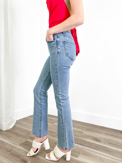 Risen Medium Wash High Rise Slim Straight Jeans With Rhinestones