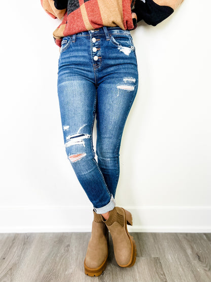 Vervet Parkside Medium Wash Distressed Button Down Skinny Jeans with Raw Ankle Hem