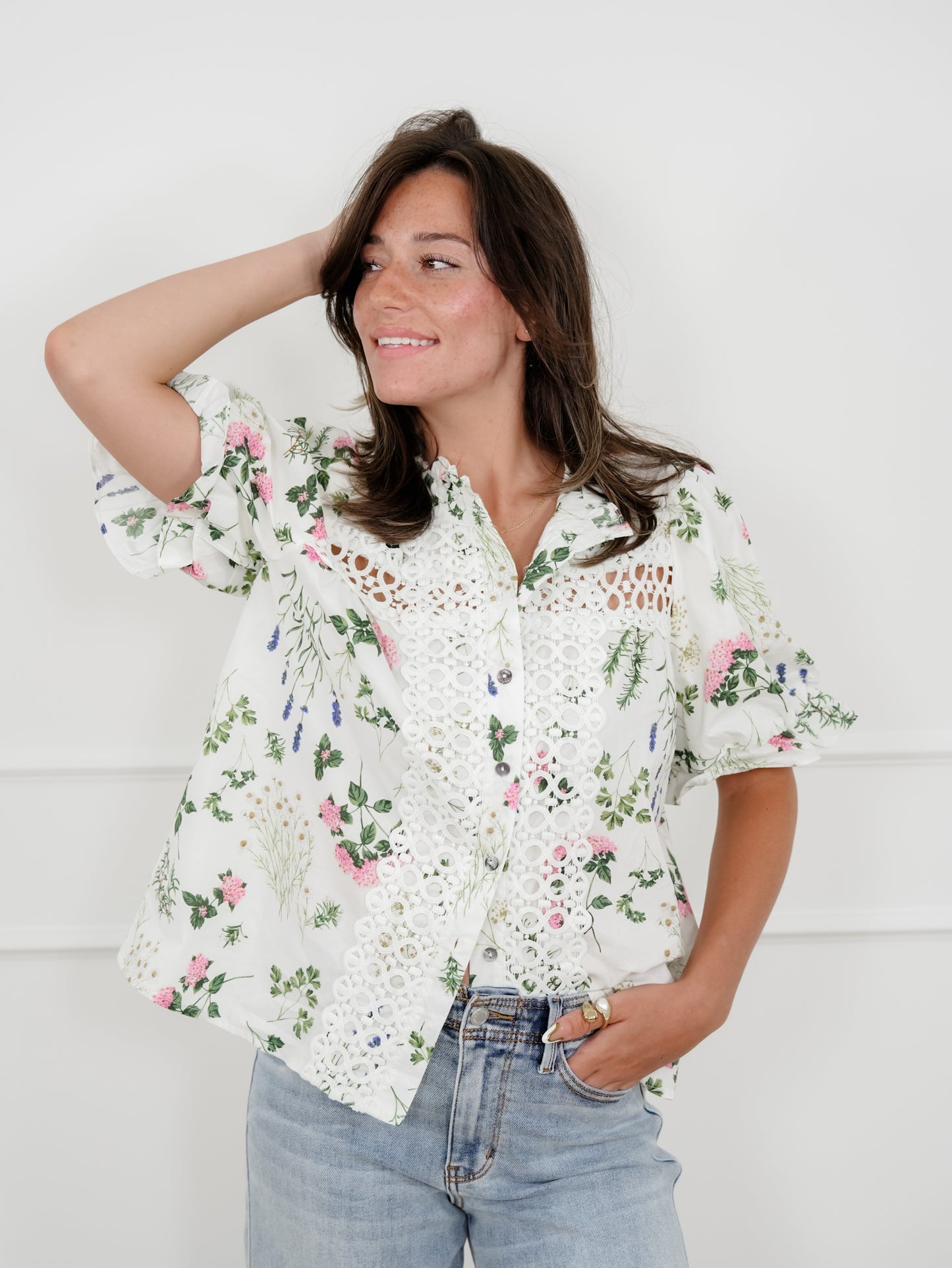 Floral Short Puff Sleeve Button Down Top with Lace Trim