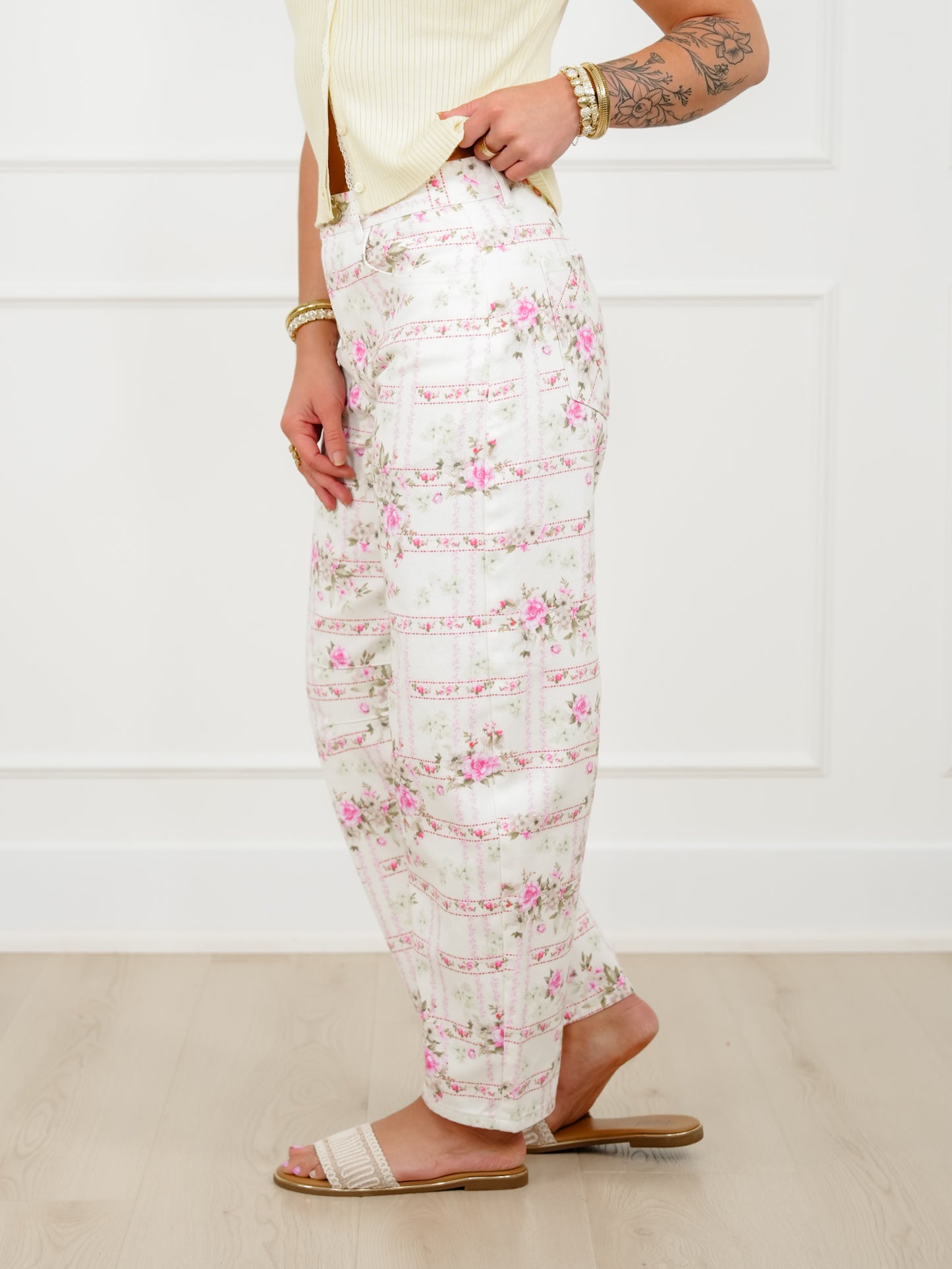 Floral Stripe Print Mid Rise Barrel Pants