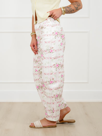 Floral Stripe Print Mid Rise Barrel Pants