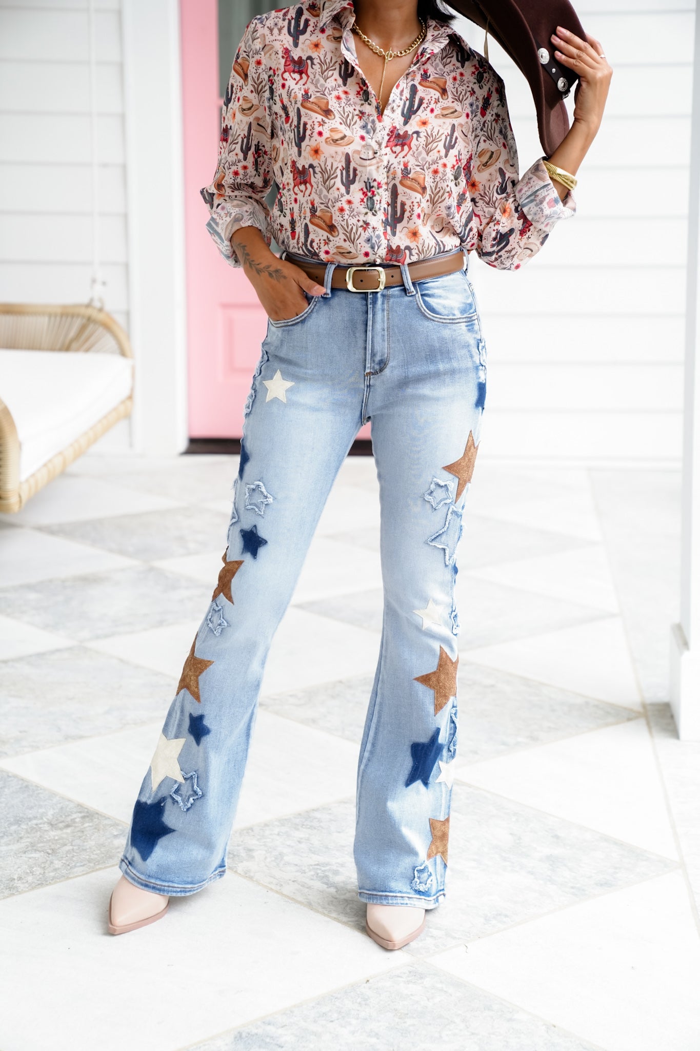 Mineral Wash Denim Jeans with Star Detail