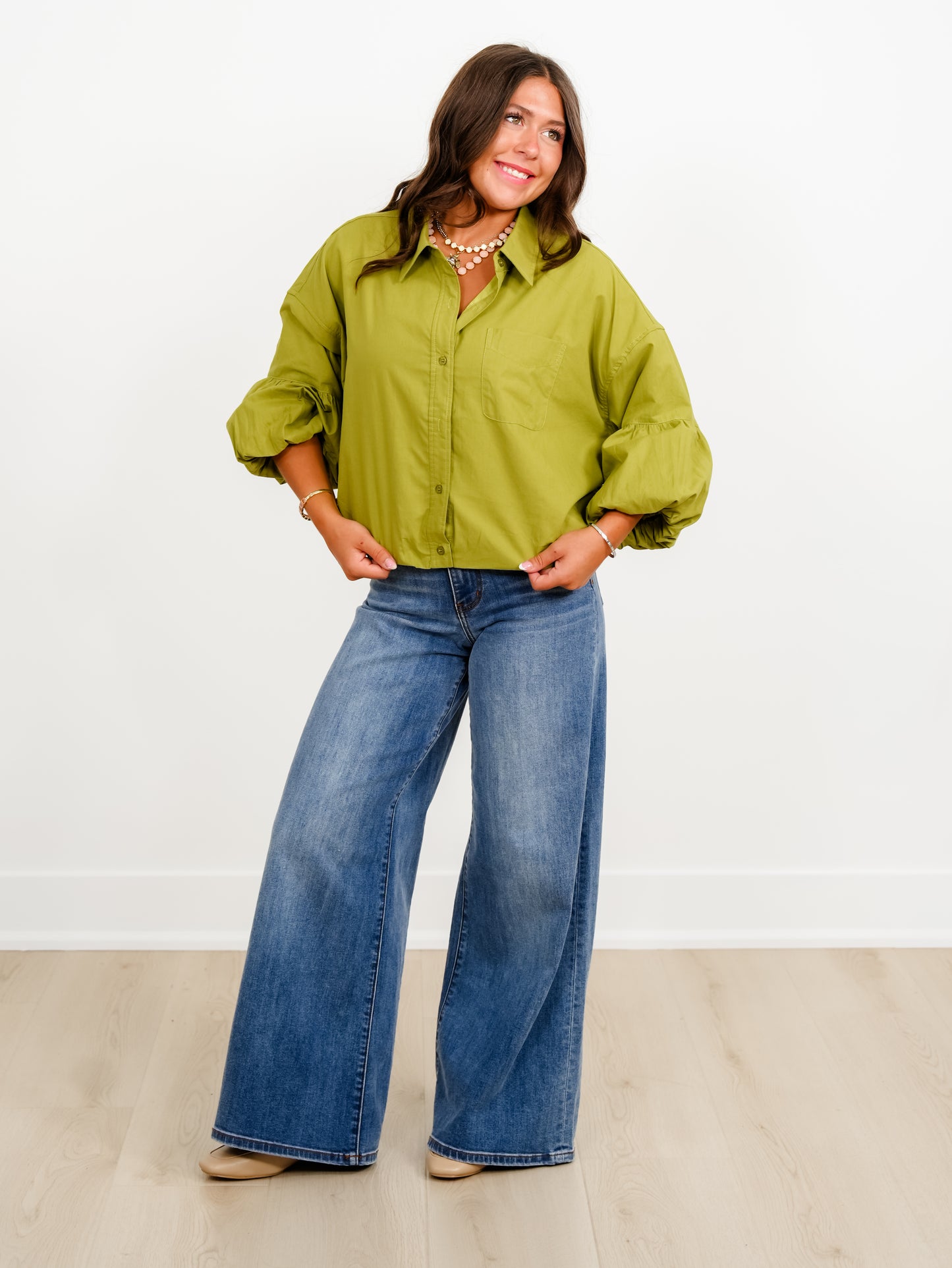 Solid Knit Collared Button Down Long Bubble Sleeve Top