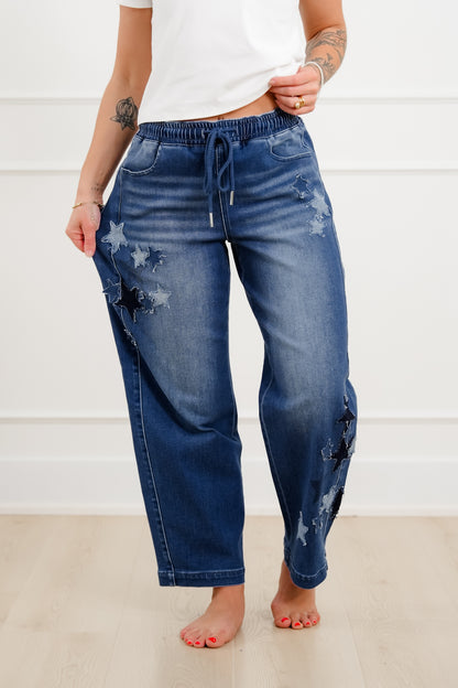 Risen Dark Wash Elastic Waistband Slouchy Barrel Star Patch Jeans