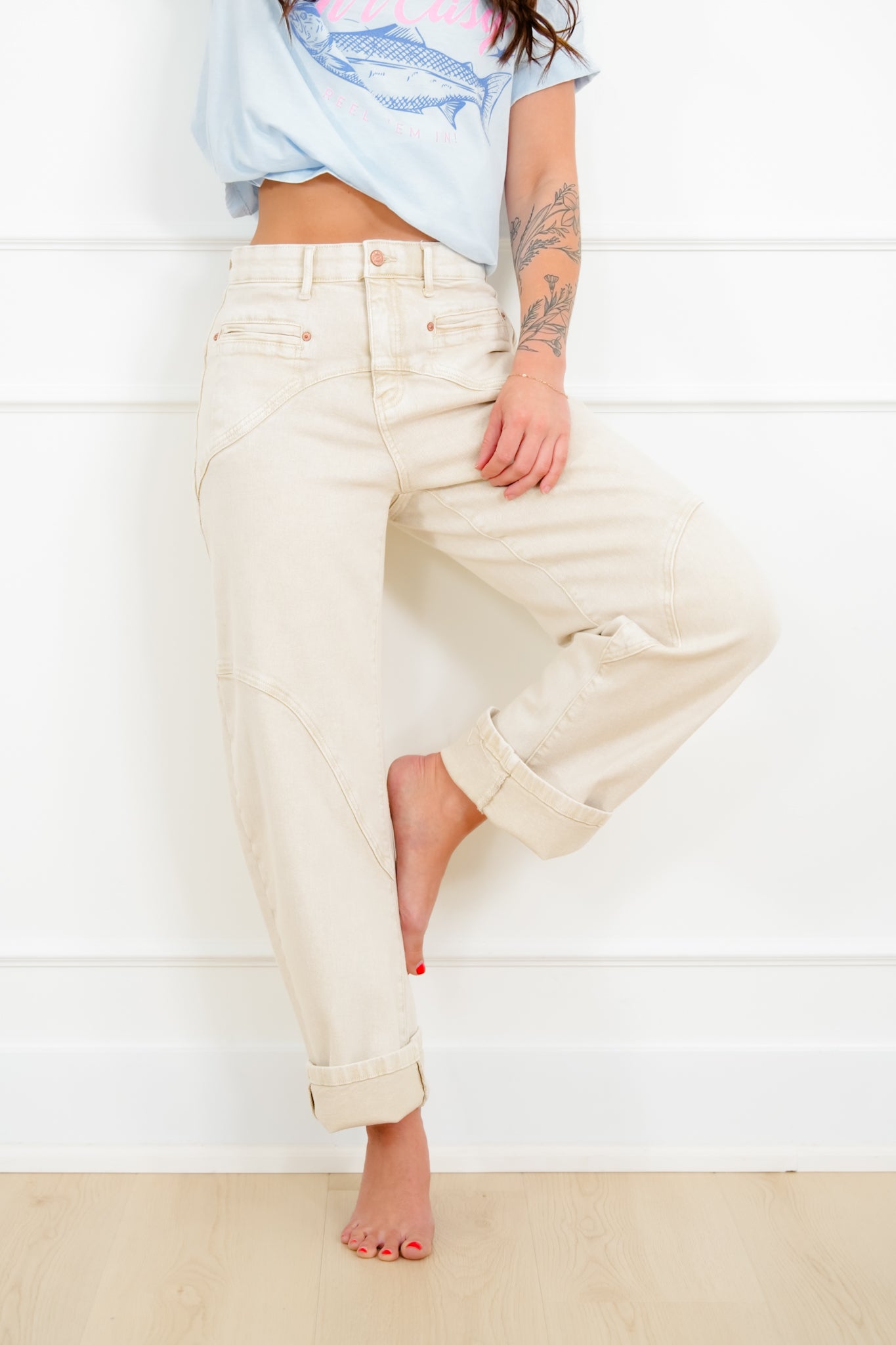 Saige High Rise Beige Tummy Control Barrel Jeans with Elastic Waistband