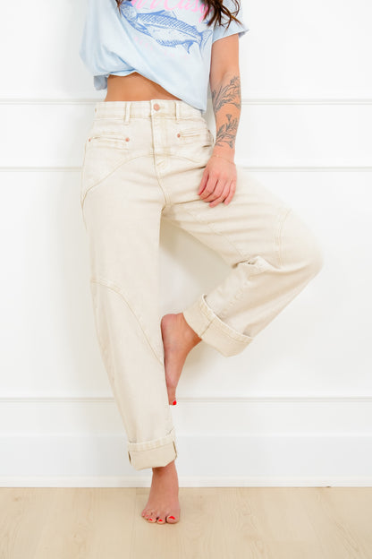 Saige High Rise Beige Tummy Control Barrel Jeans with Elastic Waistband