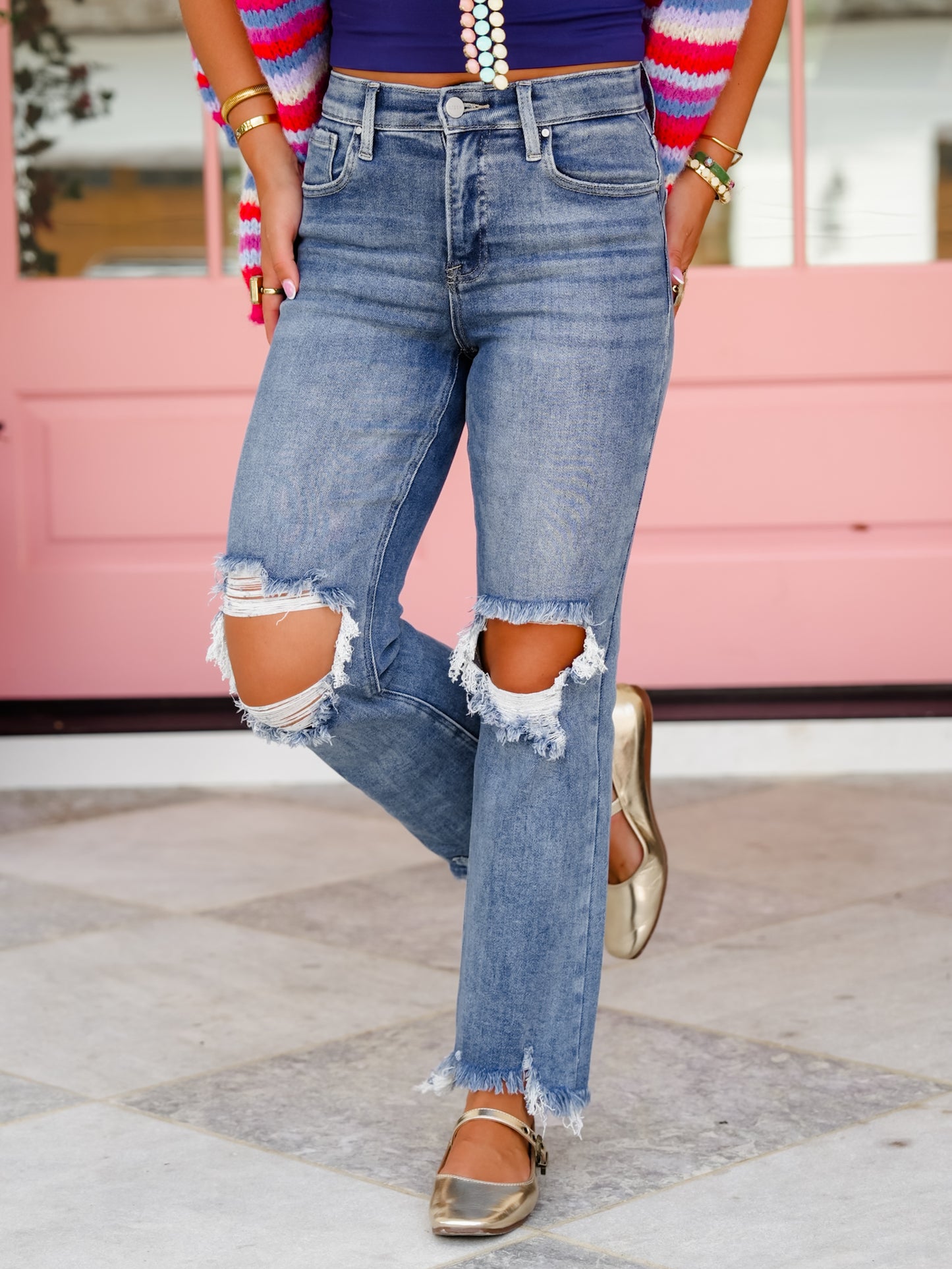 Risen High Rise Medium Wash Straight Leg Cropped Jeans