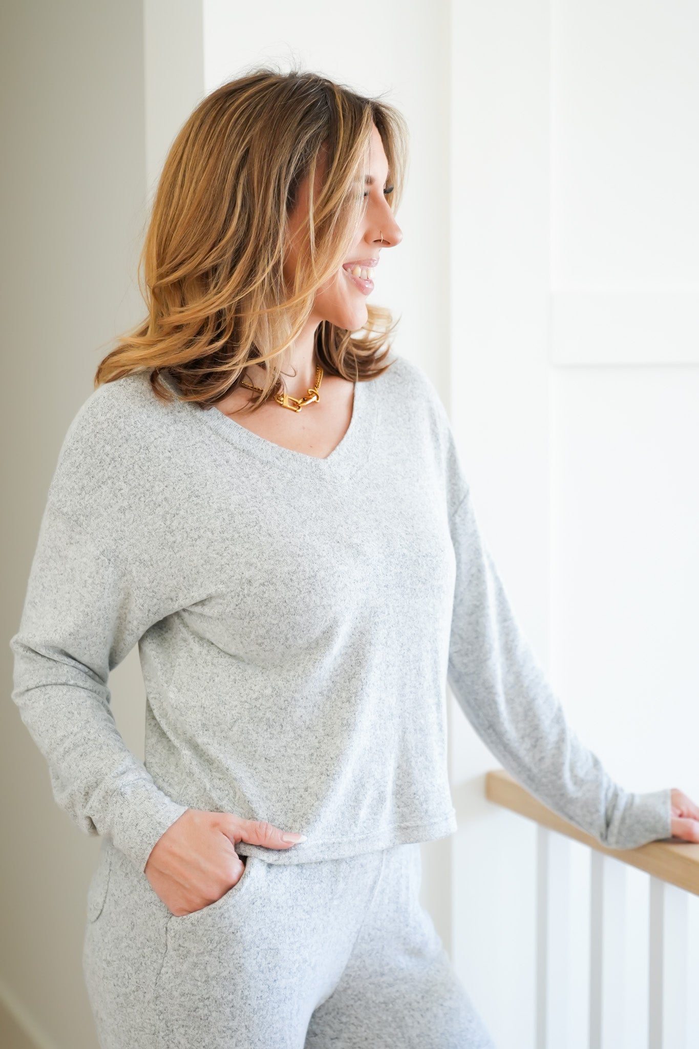 Grey Knit Long Sleeve V Neck Top