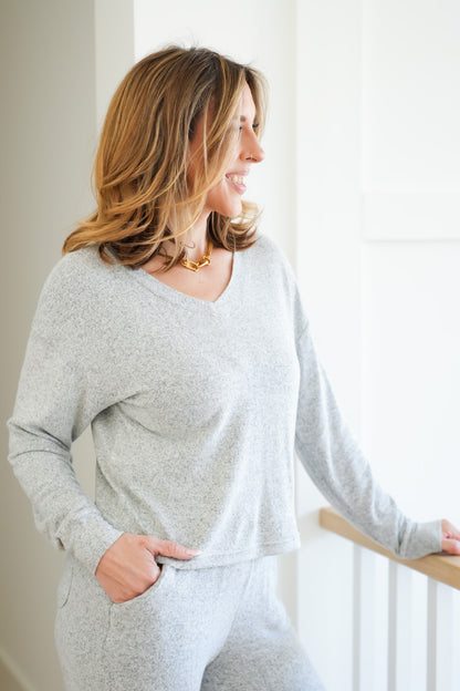 Grey Knit Long Sleeve V Neck Top