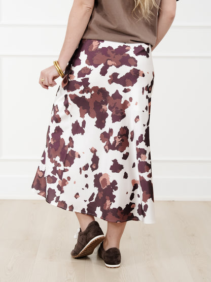 Plus/Reg Satin Cow Print Midi Skirt