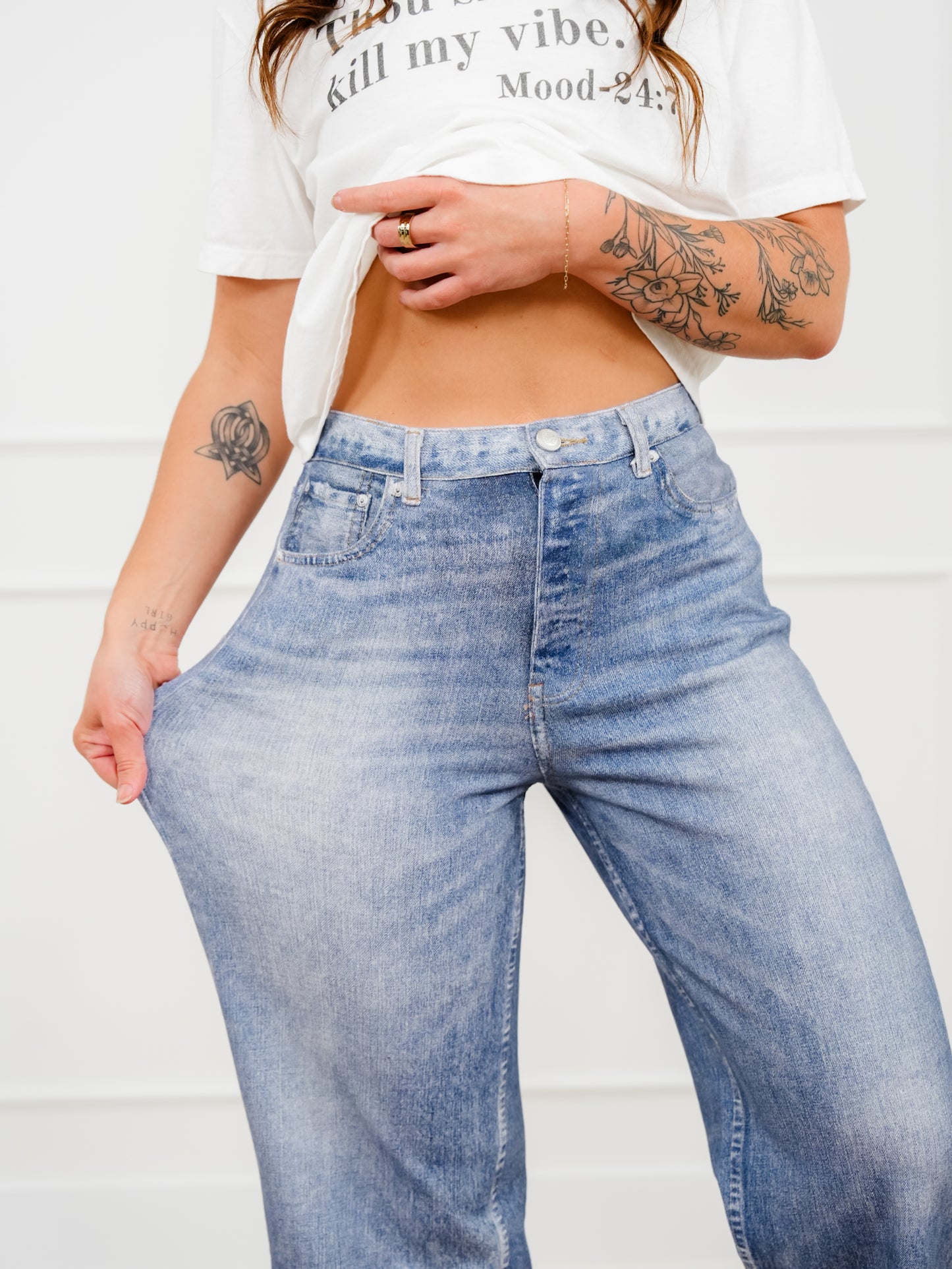 Medium Wash High Rise Straight Leg French Terry Jeans