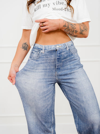 Medium Wash High Rise Straight Leg French Terry Jeans