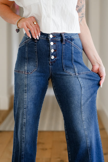 Risen Multi Inseam High Rise Dark Wash Cropped Wide Cuffed Straight Leg Jeans