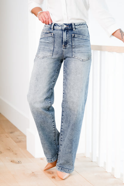 Risen Mid Rise Medium Wash Relaxed Fit Baggy Jeans with Patch Pockets