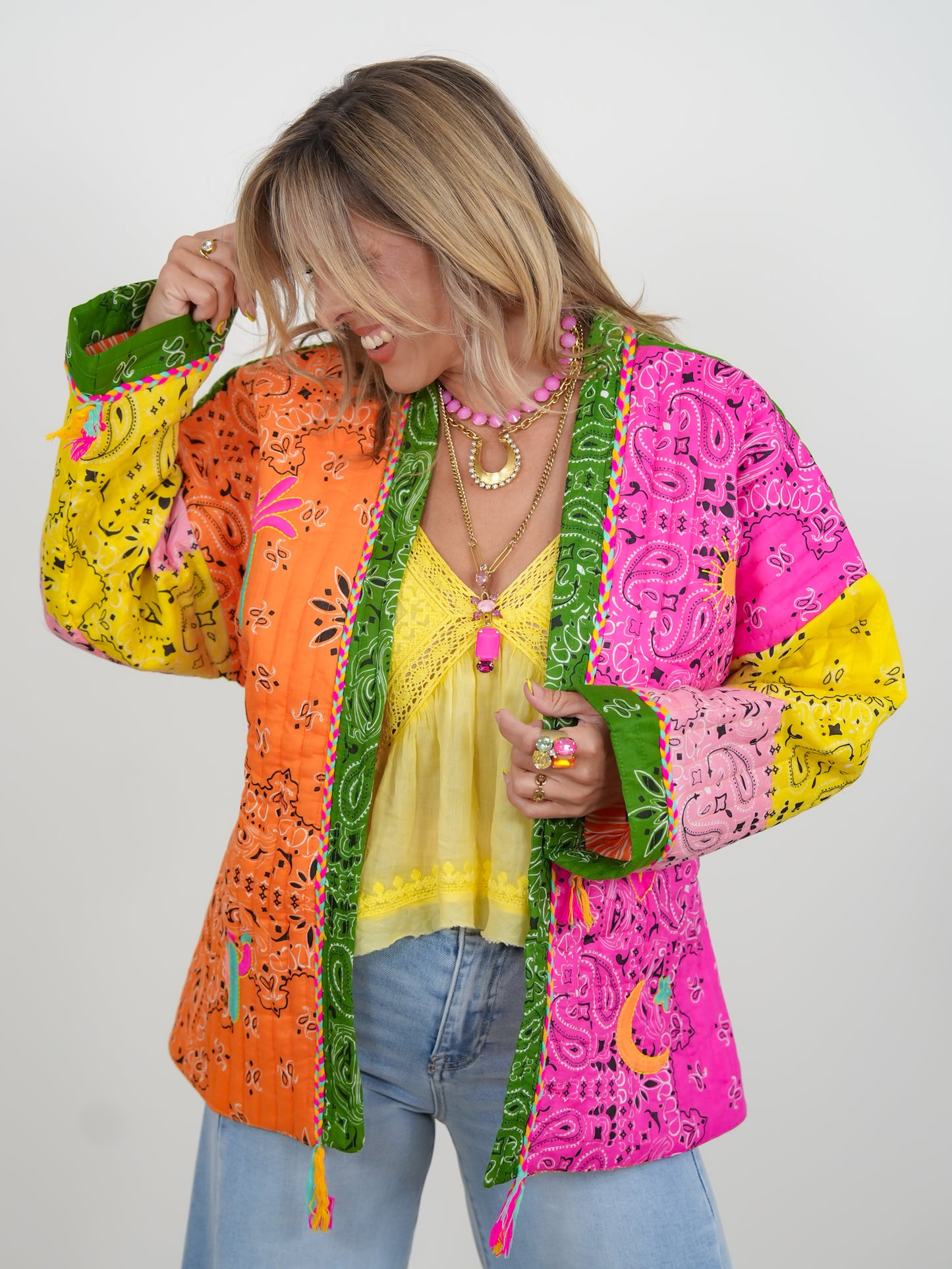 POL Quilted Patchwork Print Long Sleeve Kimono Jacket