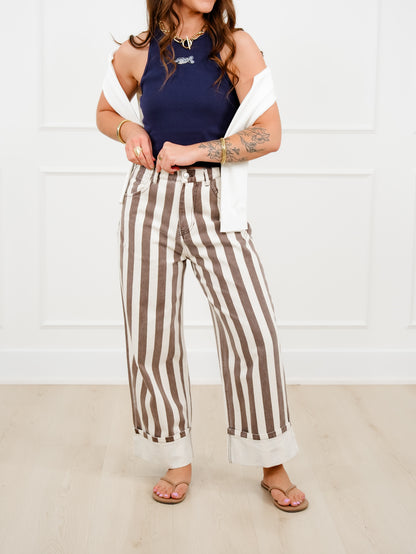 Stripe High Waist Cuffed Leg Barrel Pants