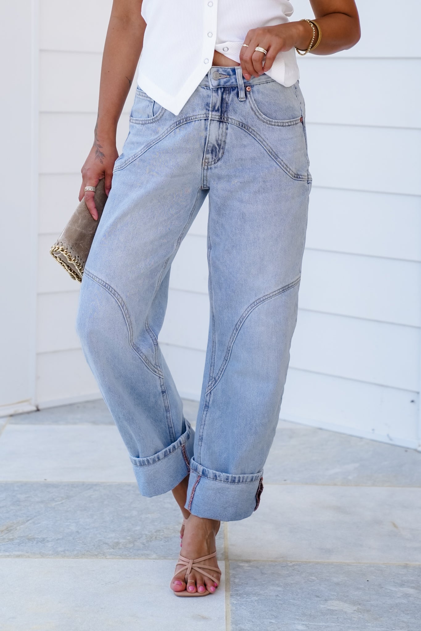 Saige High Rise Light Wash Barrel Jeans with Wide Cuff
