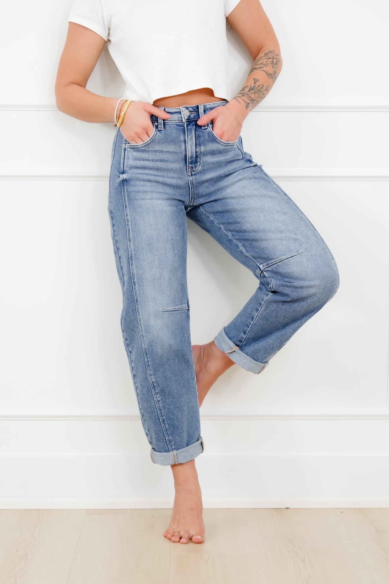 Restock! Risen The Hollis Rise Medium Wash Boyfriend Cuffed Barrel Jeans