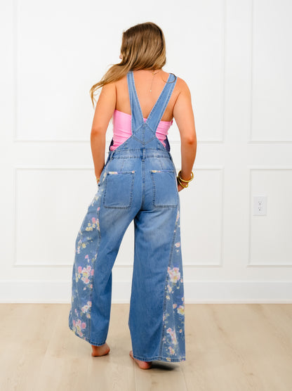 Plus/Reg Light Wash Wide Leg Overalls with Floral Print