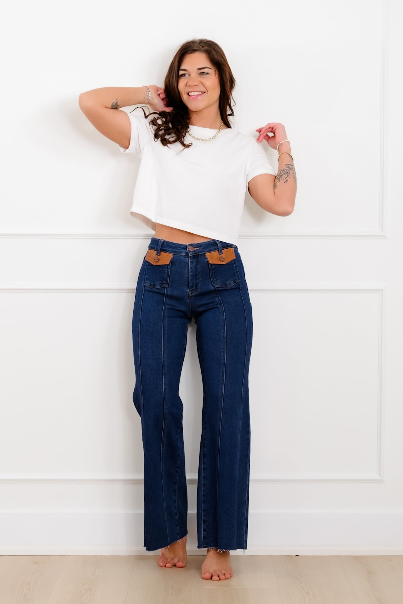 Risen High Rise Dark Wash Wide Flare Jeans with Leather Pocket Flap
