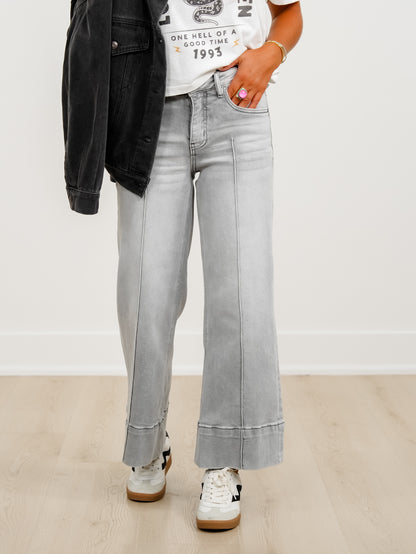 Risen The Wild Card Mid Rise Grey Tummy Control Wide Leg Front Pintuck Jeans