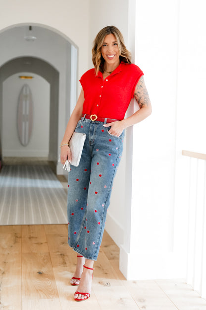 Medium Washed High Rise Embroidered Hearts Jeans