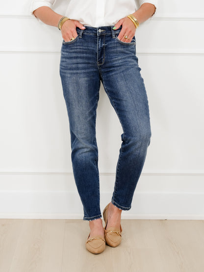 Restock! Judy Blue My Favorite Boyfriend Mid-Rise Dark Wash Non Distressed Cuffed Boyfriend Jeans