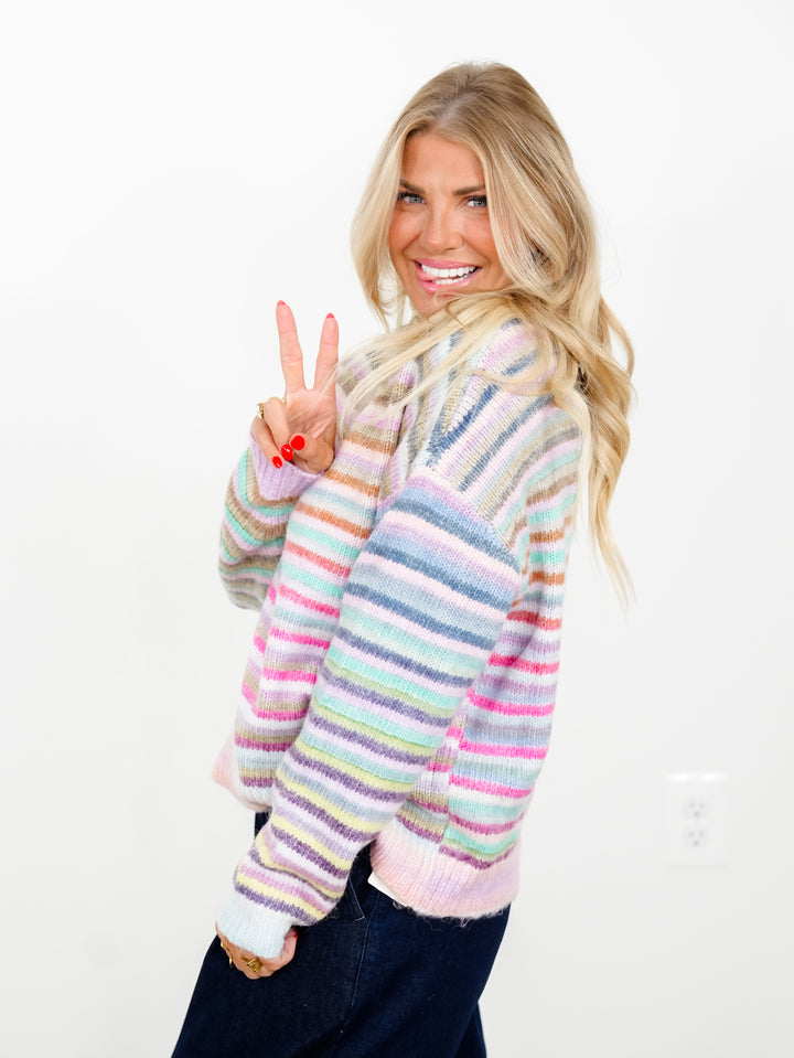 Multi Color Stripe Long Sleeve Mock Neck Sweater - Freckled Poppy