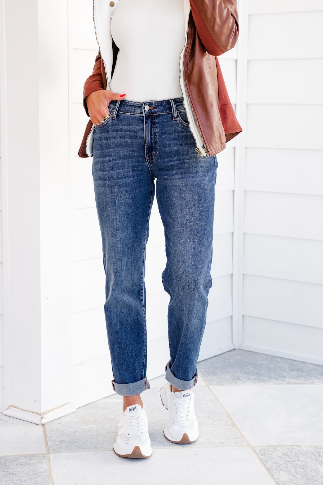 Judy Blue Mid Rise Medium Wash Classic Cuffed Boyfriend Jeans