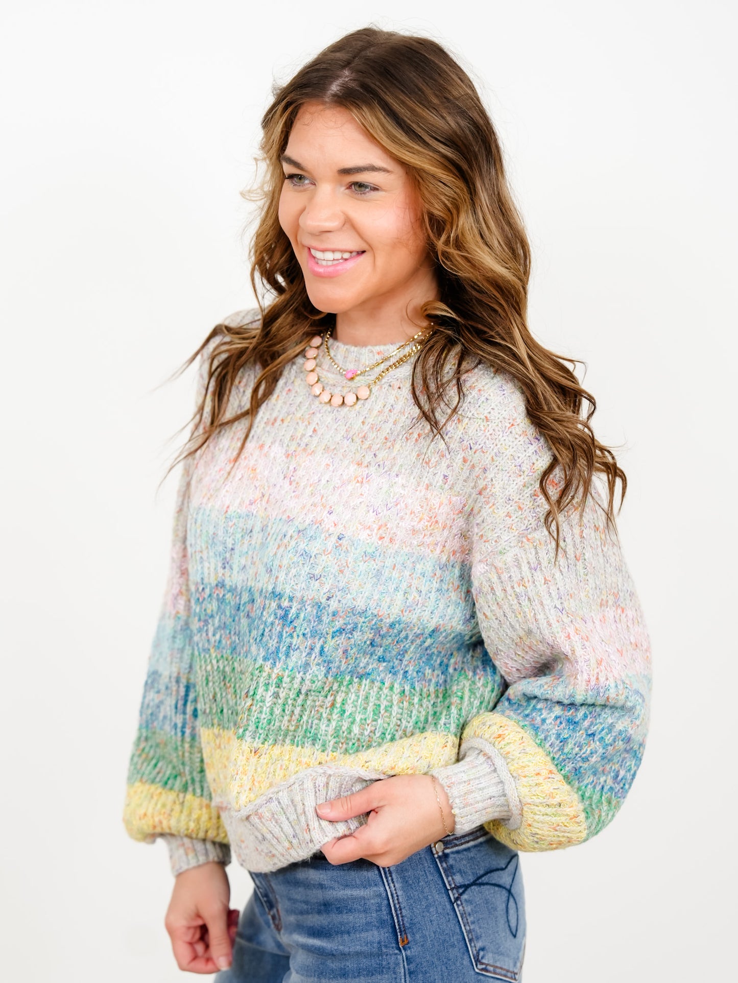 POL Rainbow Stripe Long Sleeve Pullover Sweater