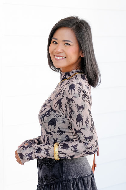 Horse Print Mesh Long Sleeve Mock Neck Top