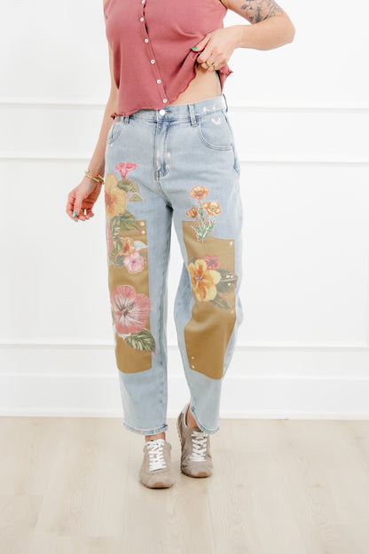 Floral Patch Barrel Jeans with Paint Splatter