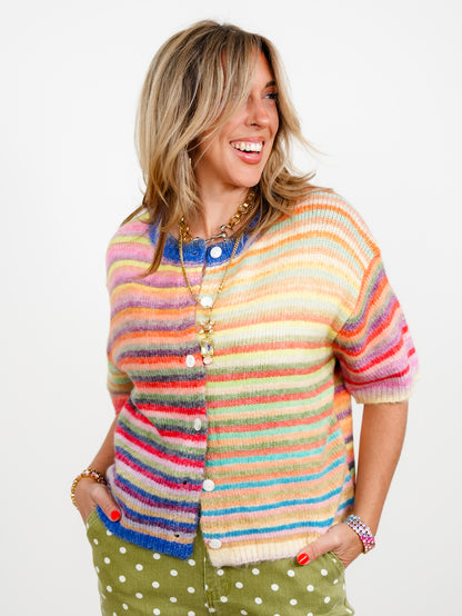 Rainbow Stripe Short Sleeve Button Down Cardigan