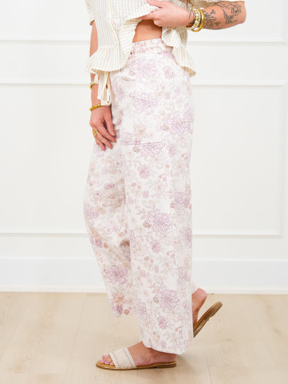 Floral Print Elastic Waist Twill Wide Leg Pants