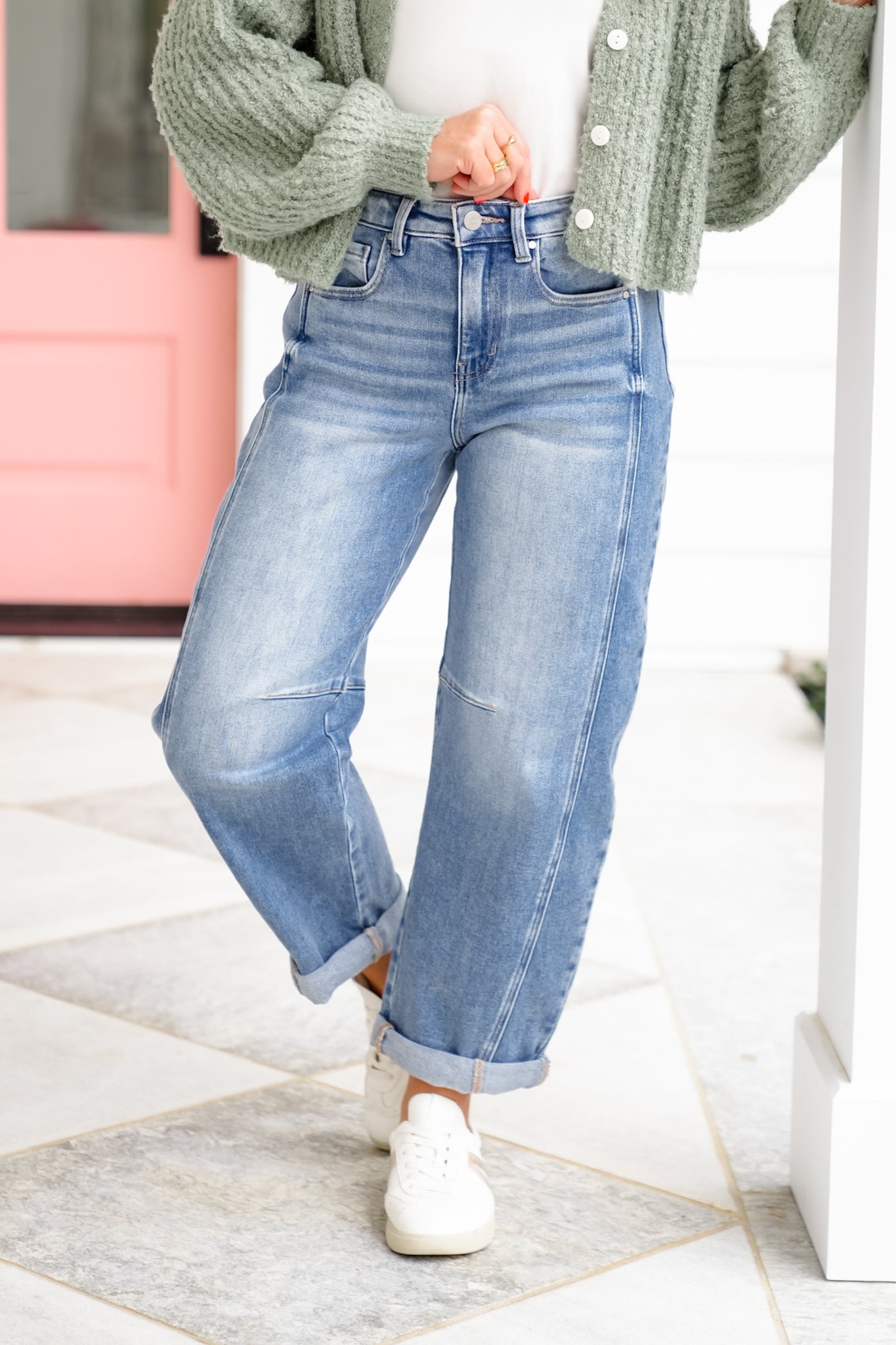 Risen High Rise Medium Wash Boyfriend Cuffed Barrel Jeans