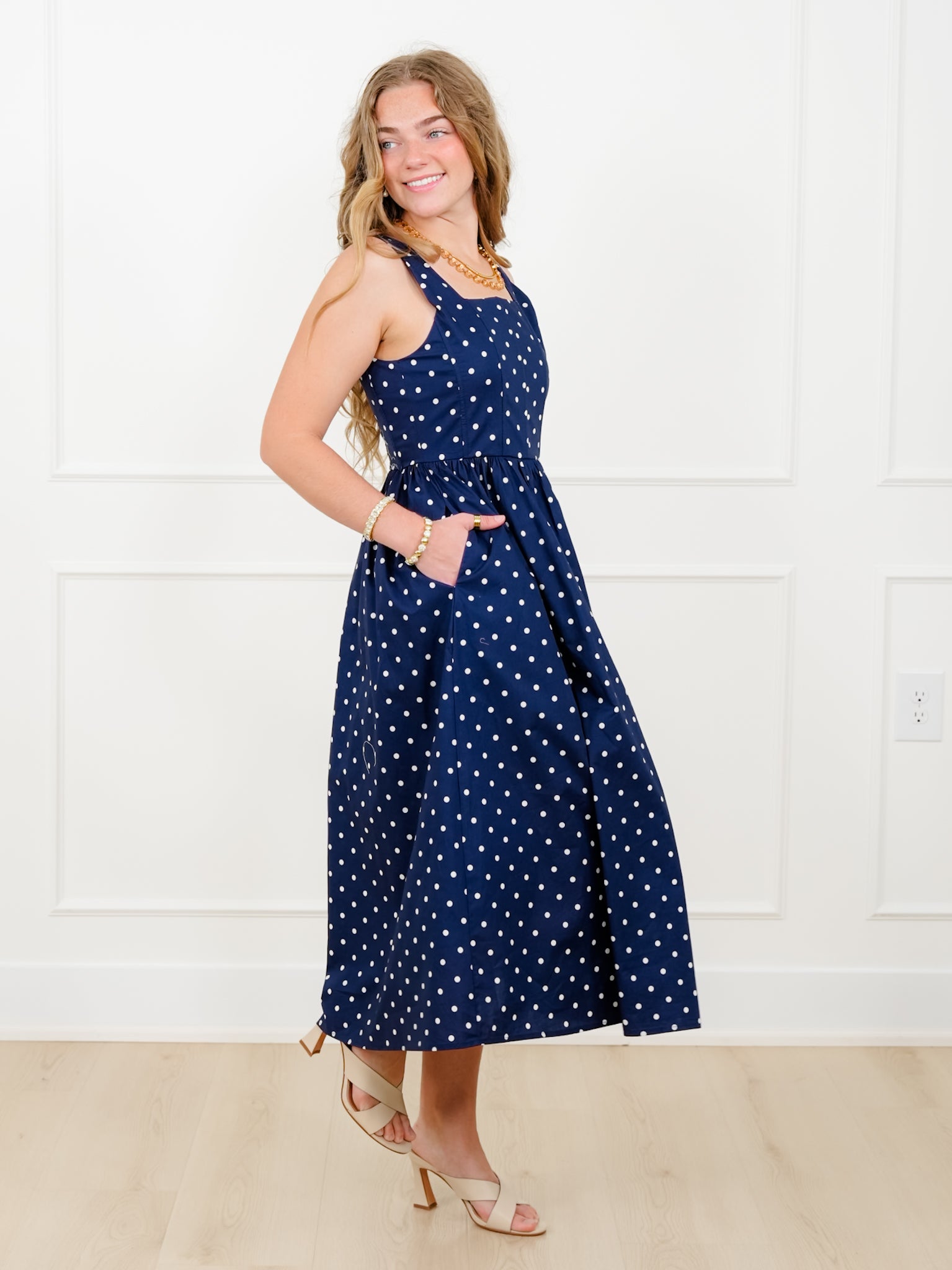 Polka Dot Sleeveless Square Neck Midi Dress