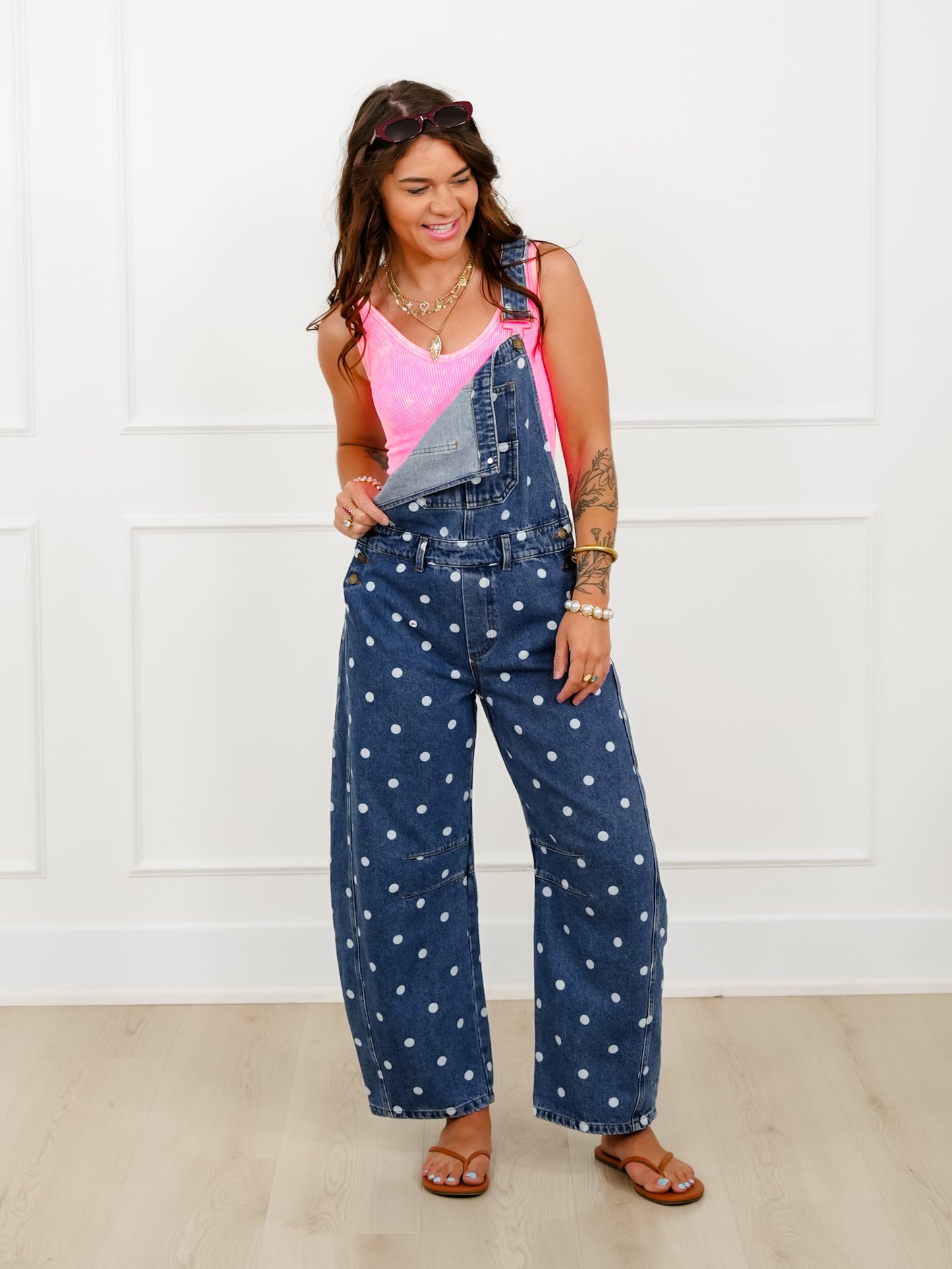 Medium Wash Polka Dot Barrel Leg Overall