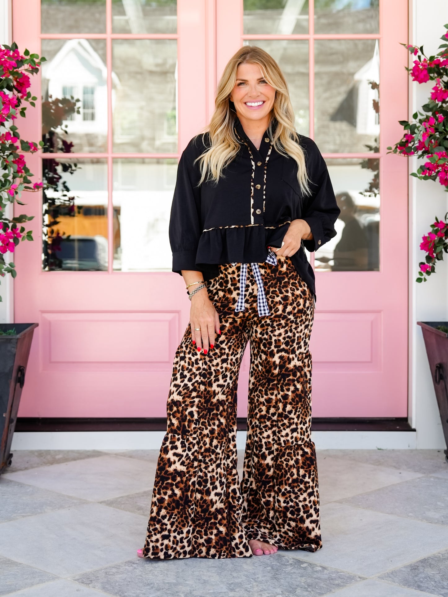 Plus/Reg Leopard Print Elastic Waist Tiered Wide Leg Pants