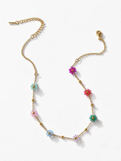 18K Multicolored Glass Flower Beaded Necklace