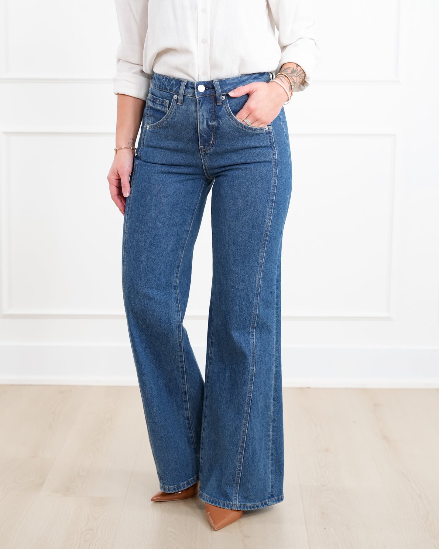 Mica High Rise Dark Wash Tummy Control Side Panel Wide Leg Jeans